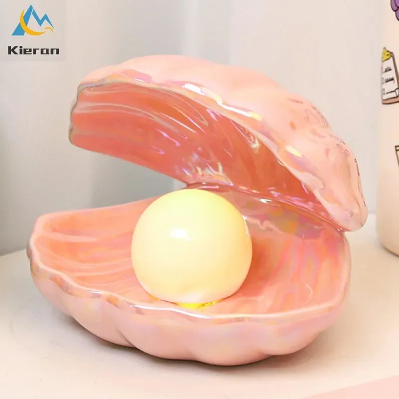 Nordic Modern Shell LED Night Light Bedroom Study Bedside Ceramic Pearl Lamp Living Room Decorative Desktop Ornaments Floor Lamp