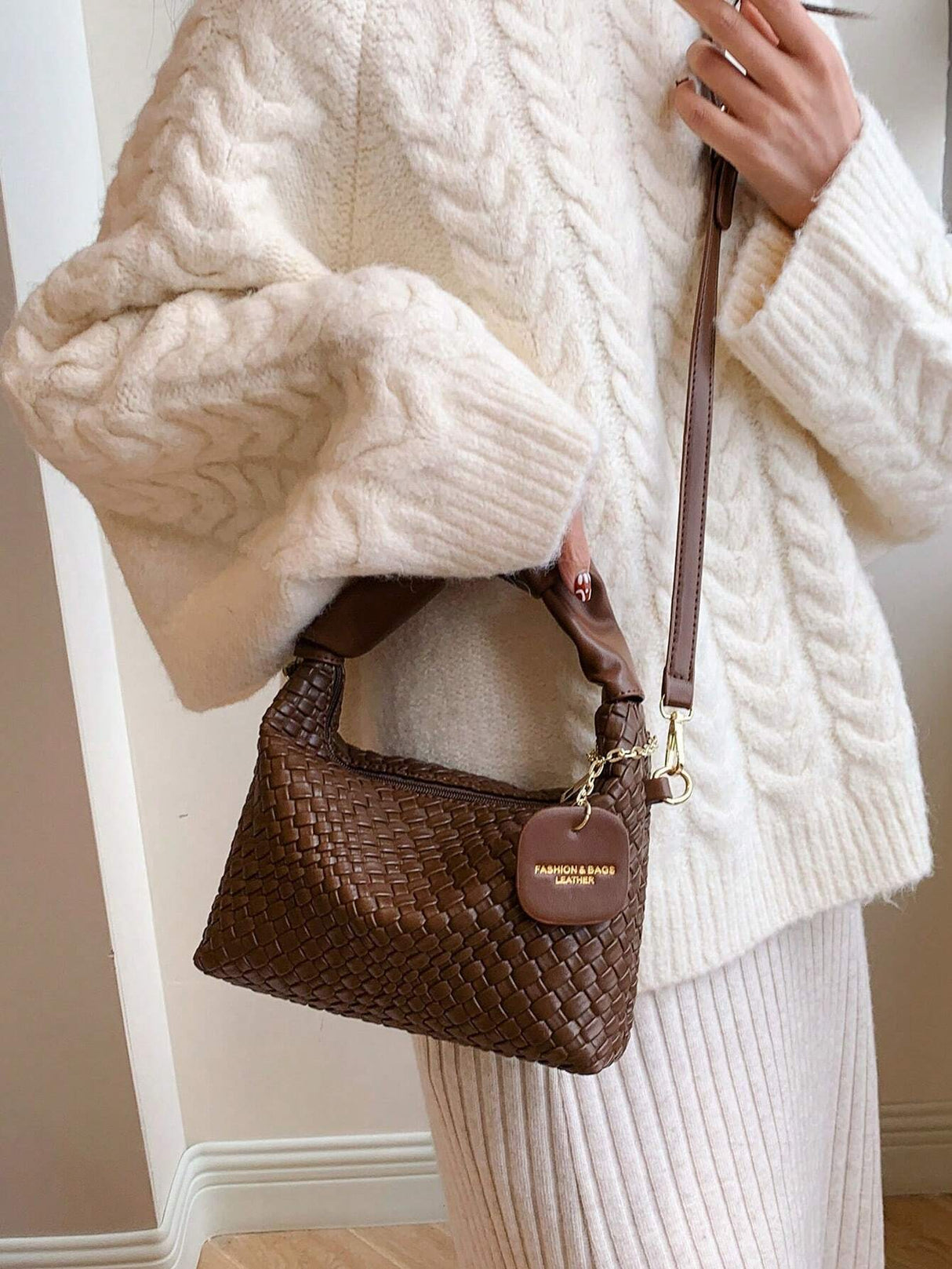 New Style Fashionable Simple All-Match Trendy Pleated Weaving Pu Color Block Handbag Shoulder Bag Crossbody Bag