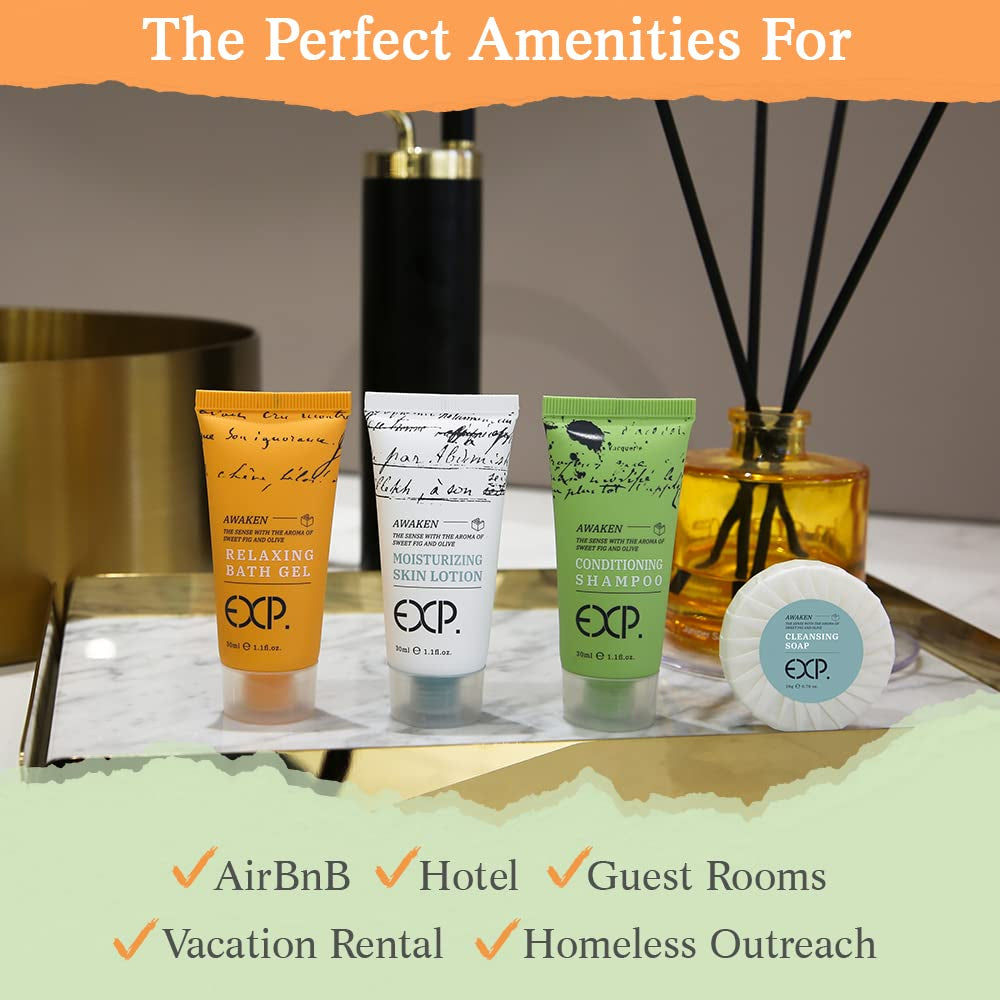 OPPEAL EXP Series| 200 PK 1 Oz Hotel Size Amenities Bulk | 50 Sets Each Contains Shampoo & Conditioner 2 in 1, Body Wash, Body Lotion and Soap Bar | Ideal Size for Hotel/Airbnb/Vrbo/Vacation Rental