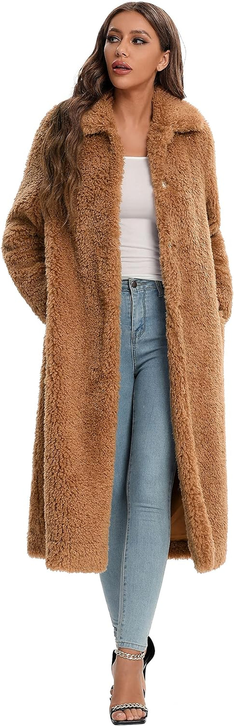 Women's Faux Fur Winter Coat - Open Front Long Cardigan Style, Warm and Fuzzy Fleece Jacket with Pockets. Perfect for Cold Weather, Stylish and Cozy Overcoat for Casual or Dressy Looks. Available in Sizes S-XXL for a Comfortable, Fashionable Fit