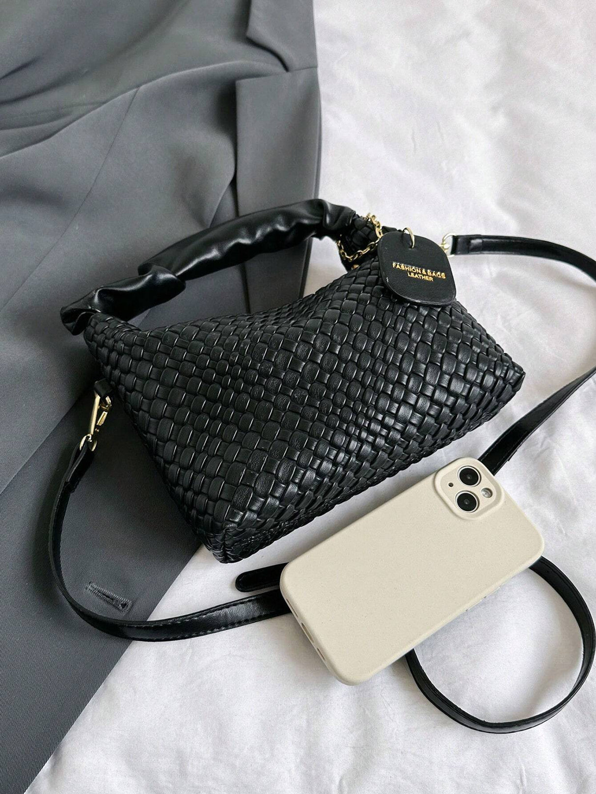 New Style Fashionable Simple All-Match Trendy Pleated Weaving Pu Color Block Handbag Shoulder Bag Crossbody Bag