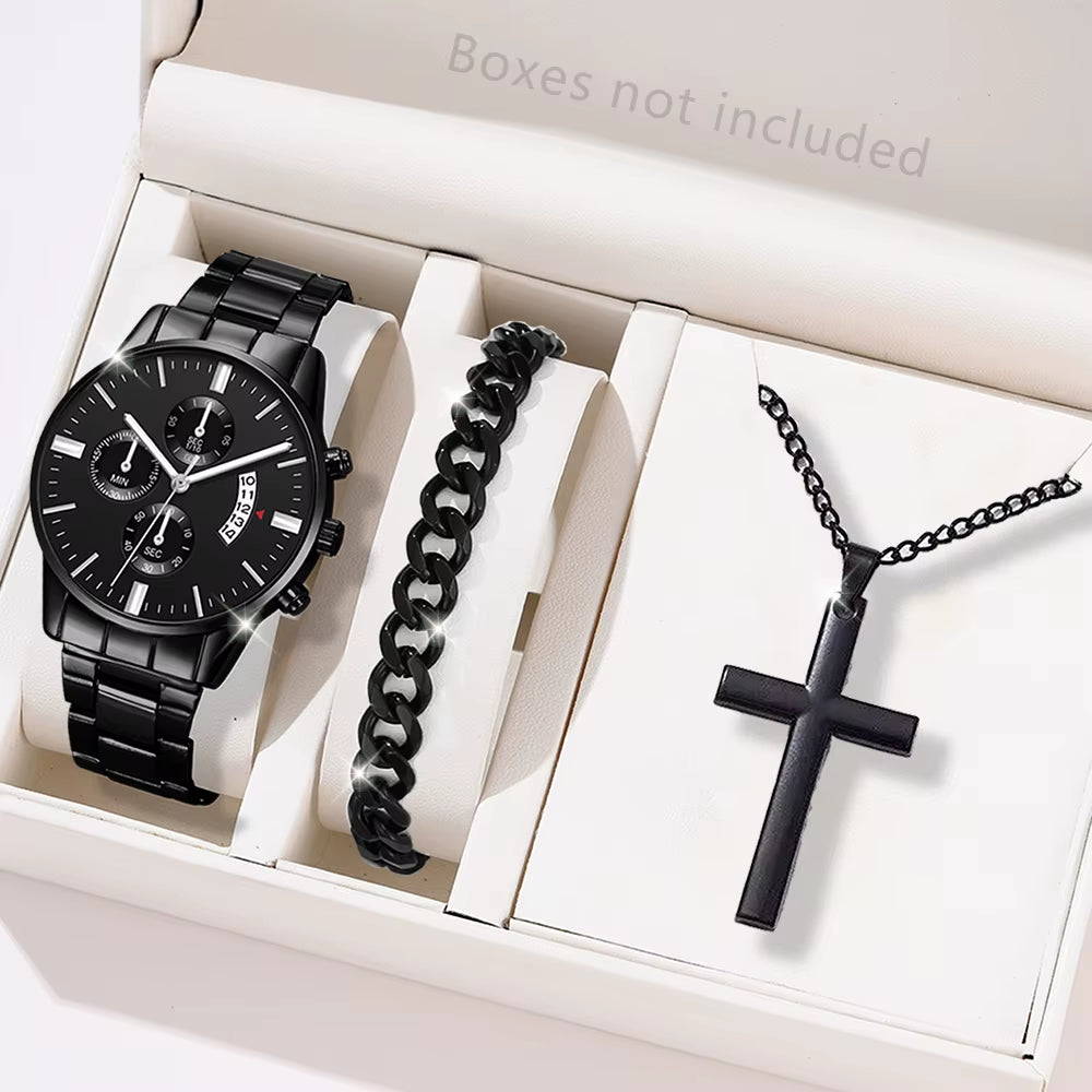 3 Pcs/Set of Fashionable Men Sports Watches Men'S Business Quartz Watches Luxurious Black Leather Bracelets Men'S Casual Watches