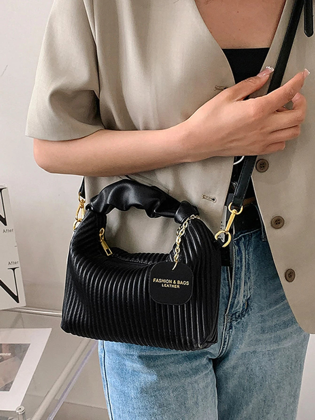 New Style Fashionable Simple All-Match Trendy Pleated Weaving Pu Color Block Handbag Shoulder Bag Crossbody Bag