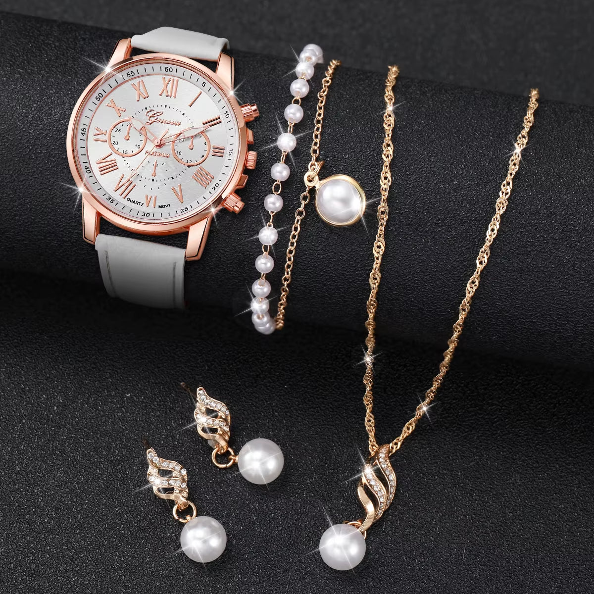5Pcs/Set Women'S Watch Fashion Roma Dial Leather Band Quartz Watches Pearls Jewelry Set(Without Box)