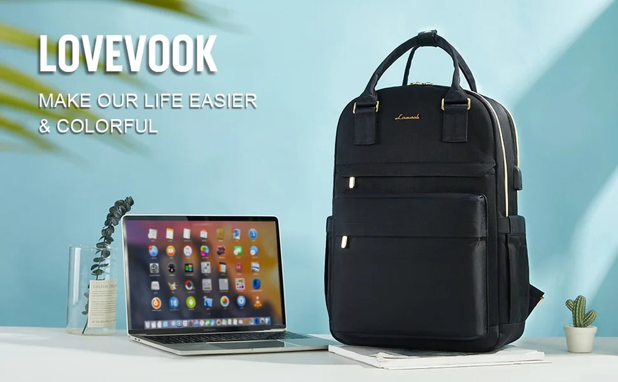 Laptop Backpack,Women Travel Work Bag Bookbag Fit 15.6" Laptop,Waterproof Vintage Teacher Nurse Daypack-Black