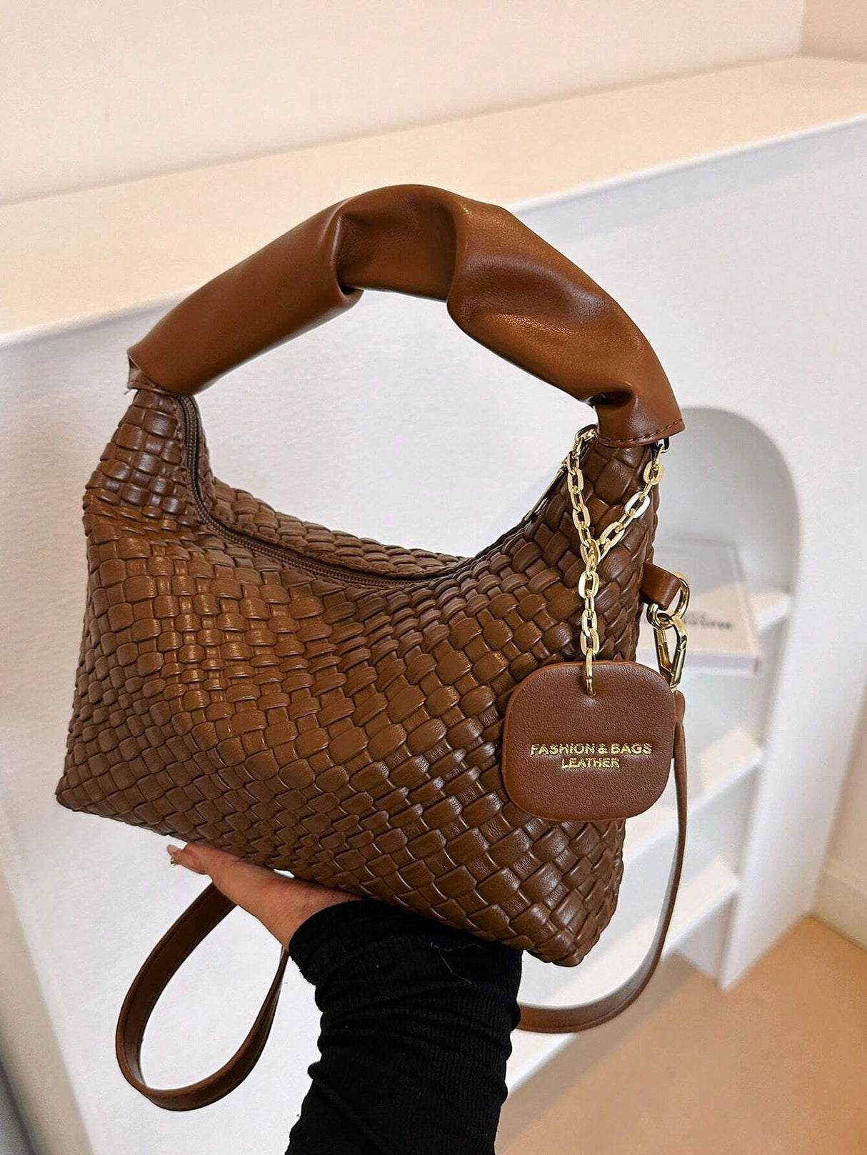 New Style Fashionable Simple All-Match Trendy Pleated Weaving Pu Color Block Handbag Shoulder Bag Crossbody Bag
