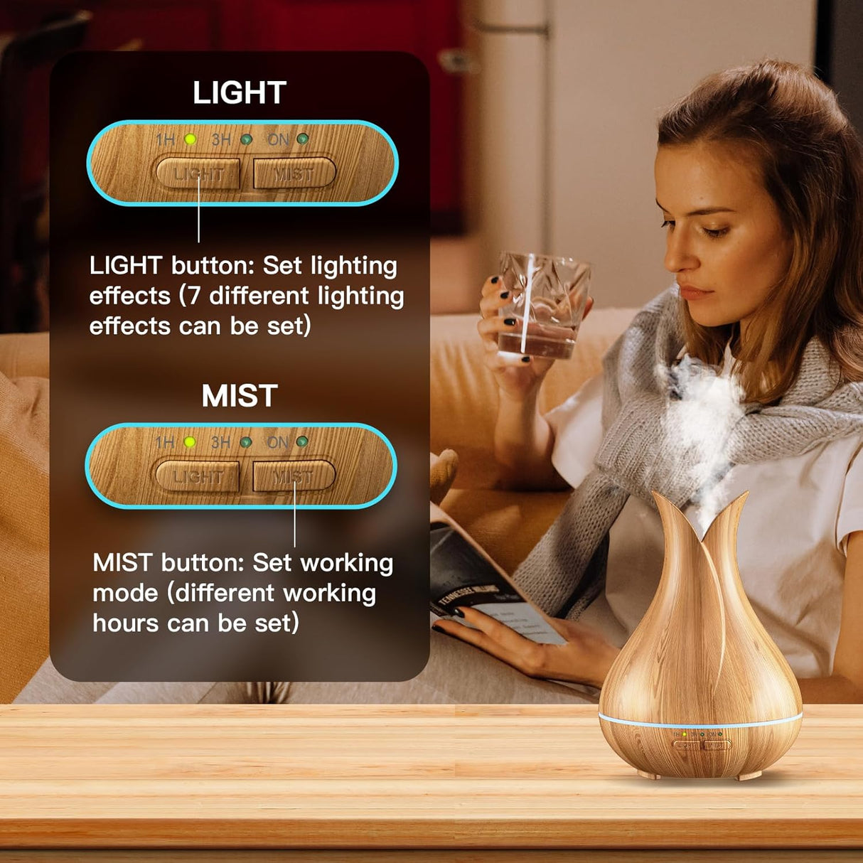 Essential Oil Diffusers, Cute Small Aromatherapy Diffuser with 3 Timers& 7 Ambient Light, Ultra-Quiet Oil Diffuser for Room Home Office(150Ml), Wood