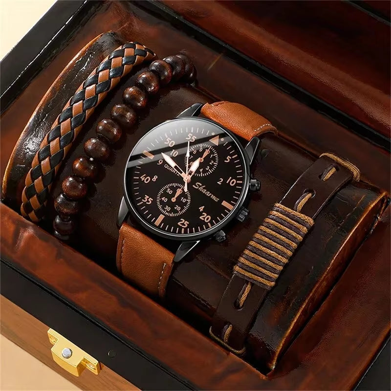 5PCS Set Fashion Men's Sports Watches Man Business Quartz Wristwatch Luxury Leather Bracelet Men Casual Clock Watch