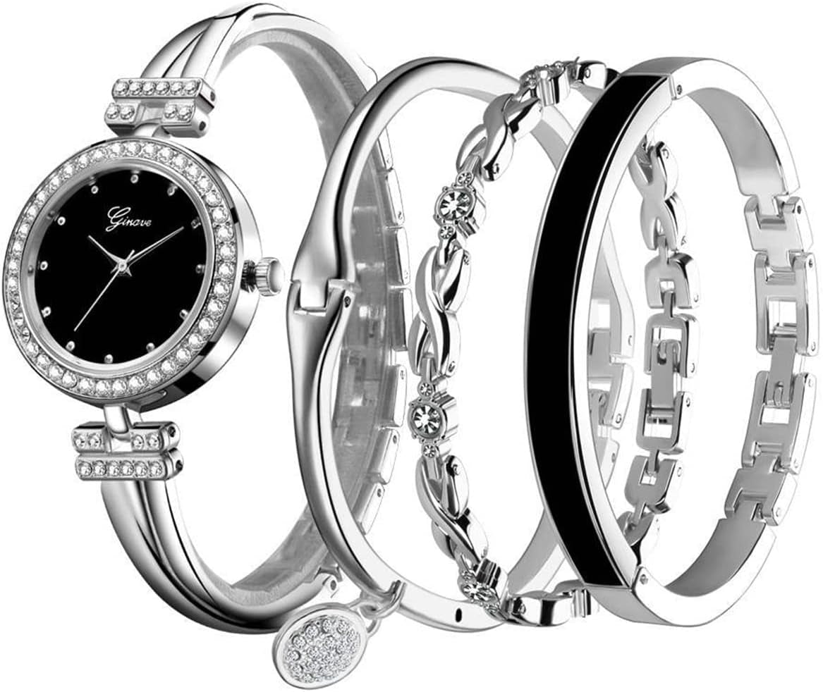 Women Crystal Watch with 3 Bracelets Set Quartz Wrist Watches Bangle Jewelry 4Pcs/Set for Ladies