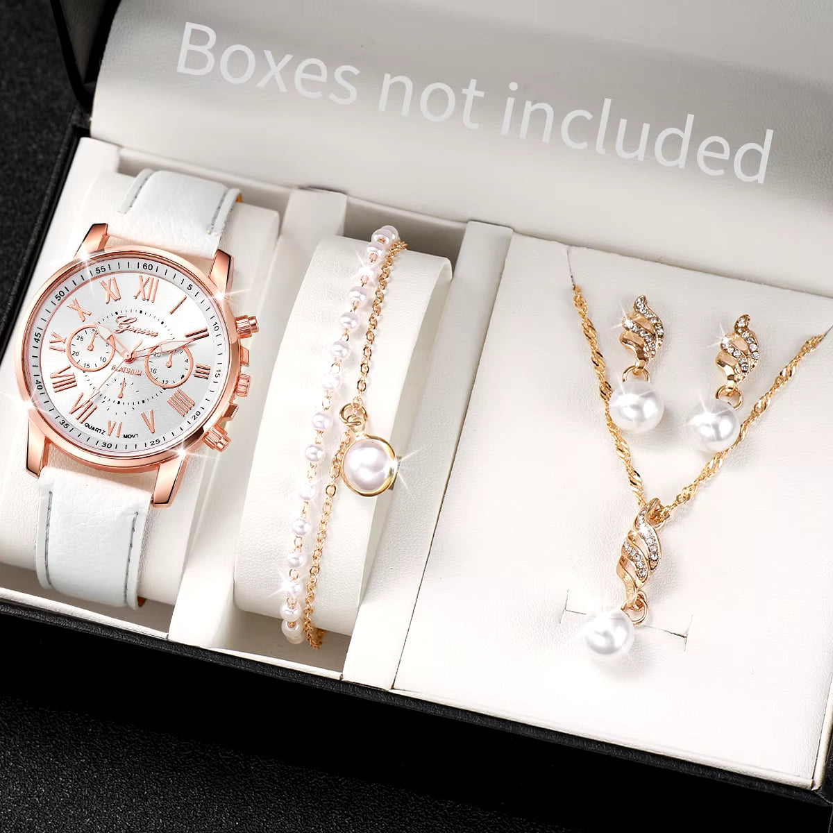 5Pcs/Set Women'S Watch Fashion Roma Dial Leather Band Quartz Watches Pearls Jewelry Set(Without Box)