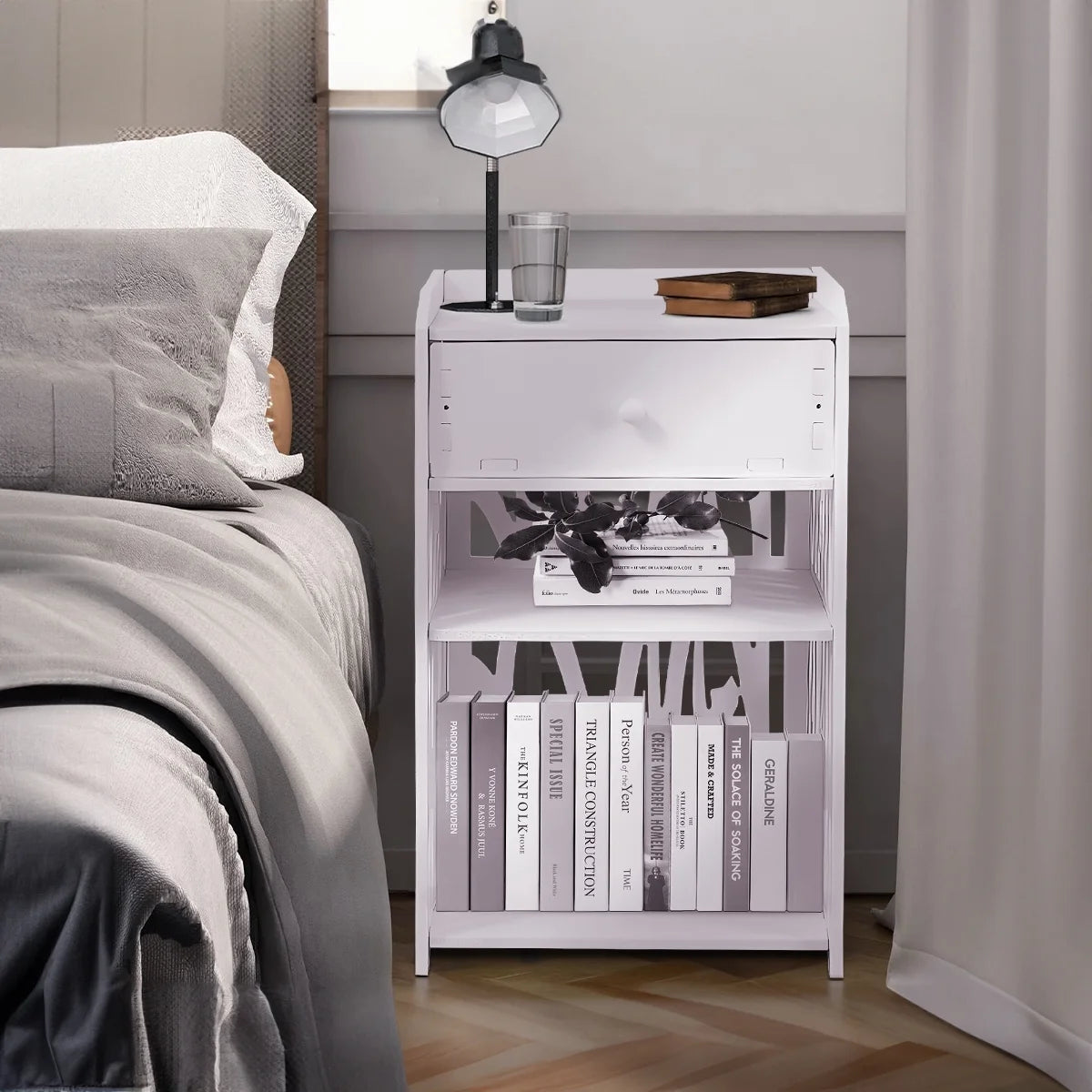 Modern White Nightstand with Drawer, 11.8”L X 11.8”W X 20”H, Multipurpose Storage