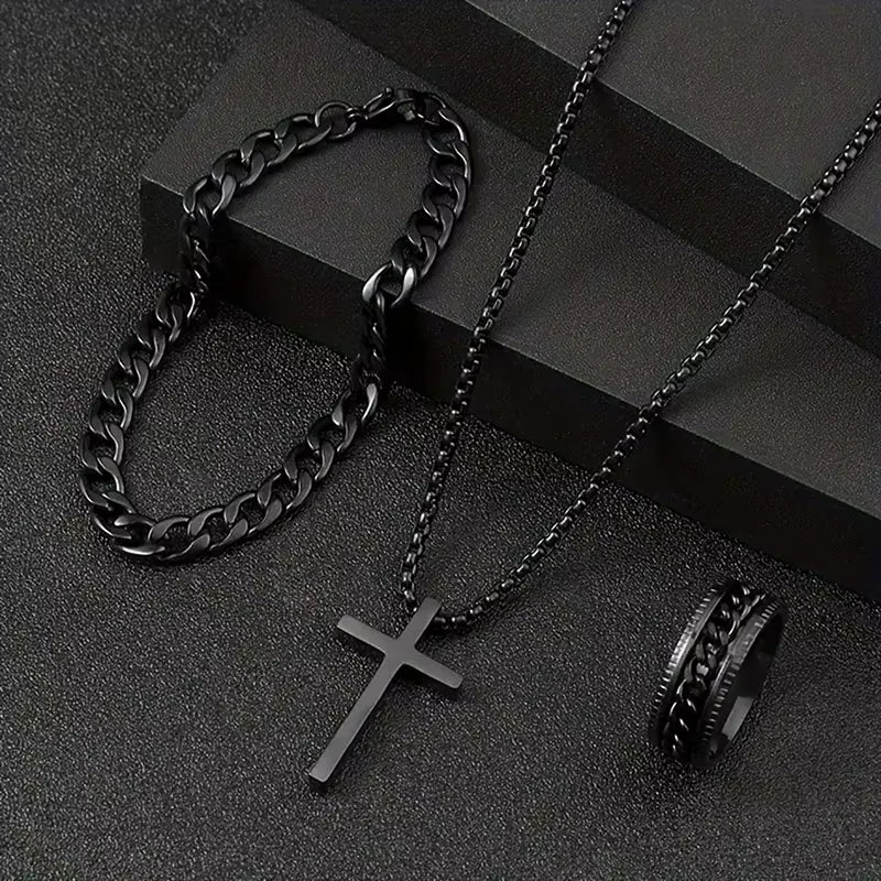 Black Titanium Steel Cross Pendant Necklace for Men Women Minimalist Male Female Chokers Box Chain Necklace Party Jewelry Set