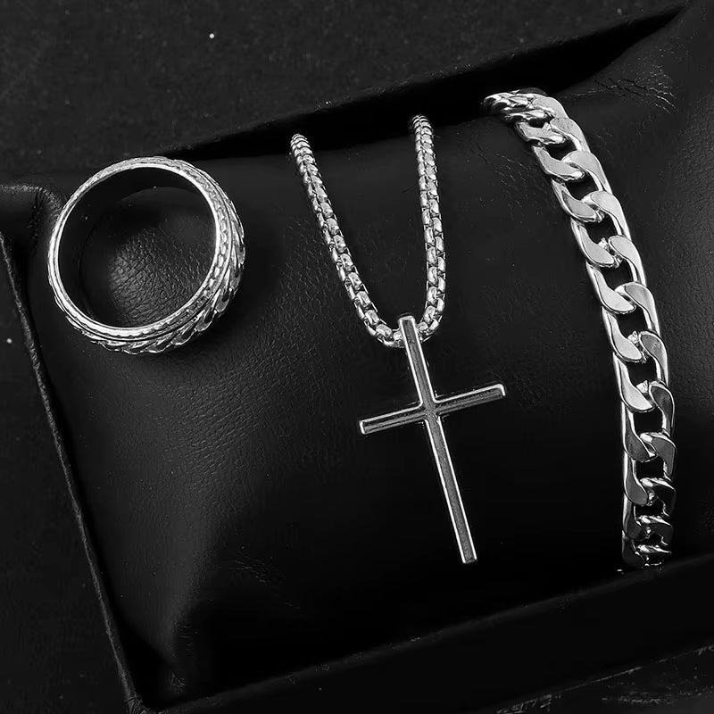 Black Titanium Steel Cross Pendant Necklace for Men Women Minimalist Male Female Chokers Box Chain Necklace Party Jewelry Set