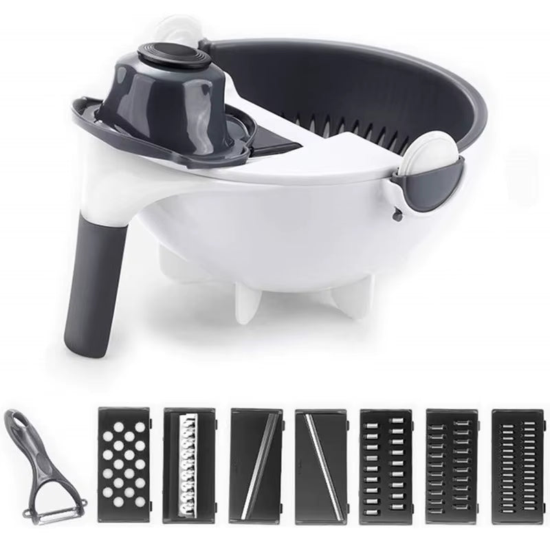 9 in 1 Multifunction Vegetable Cutter with Drain Basket Magic Rotate Colander New Vegetable Portable Slicer Chopper Grater