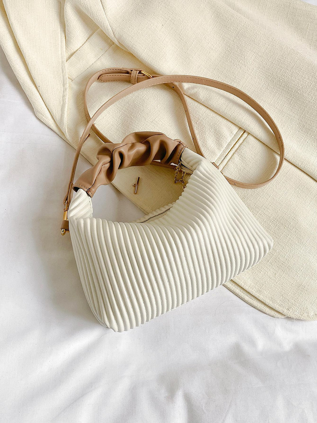 New Style Fashionable Simple All-Match Trendy Pleated Weaving Pu Color Block Handbag Shoulder Bag Crossbody Bag