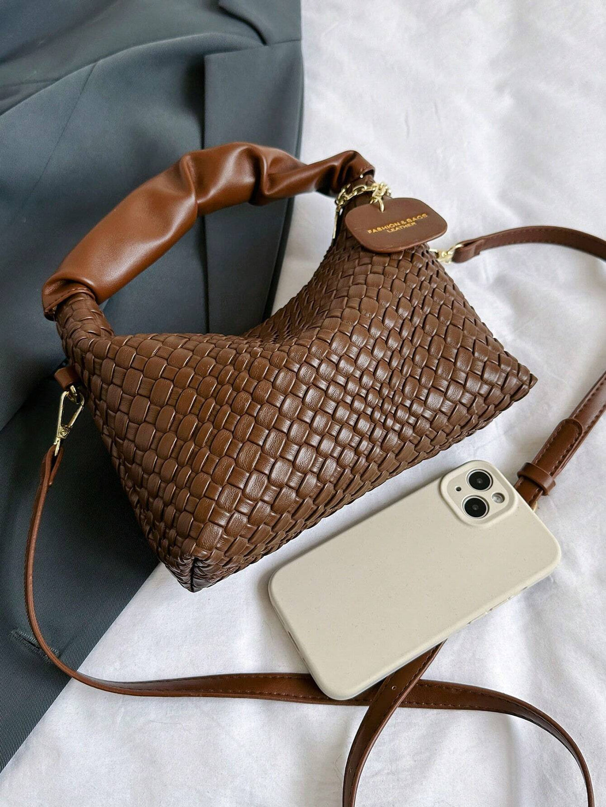 New Style Fashionable Simple All-Match Trendy Pleated Weaving Pu Color Block Handbag Shoulder Bag Crossbody Bag