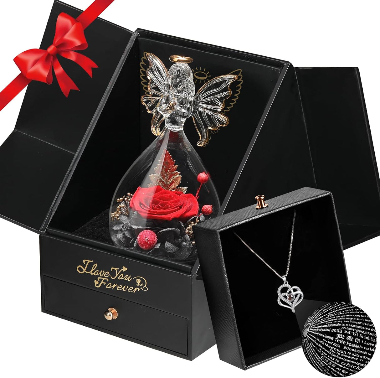 Valentines Day Gifts for Her-Preserved Flower Real Rose with I Love You Necklace 100 Languages-Glass Angel Valentines Decor-Birthday Gifts for Women-Romantic Gifts for Wife Girlfriend Mom Daughter