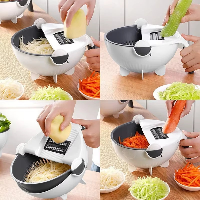 9 in 1 Multifunction Vegetable Cutter with Drain Basket Magic Rotate Colander New Vegetable Portable Slicer Chopper Grater