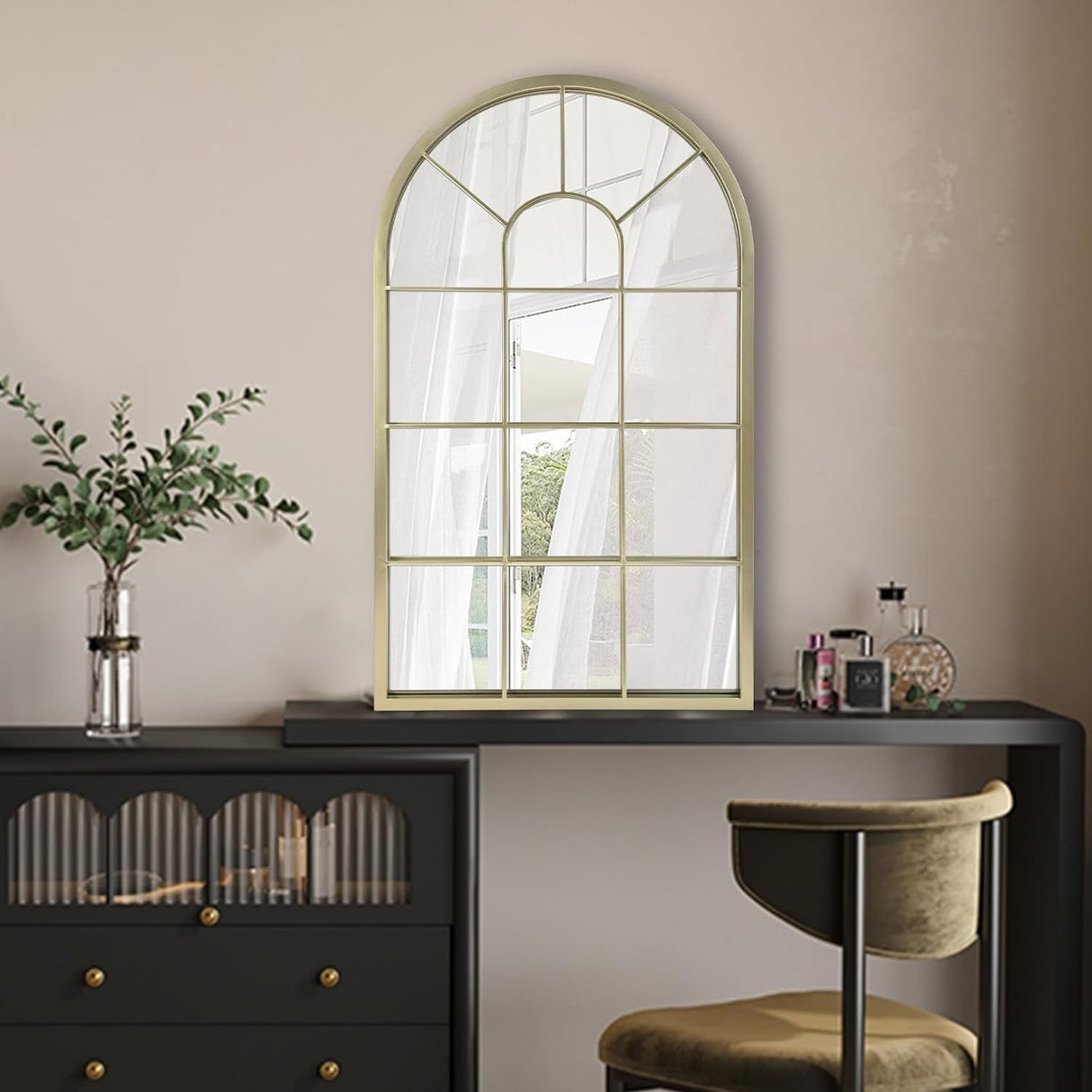 Wall Mirror Window Decorative Mirrors Arched Farmhouse for Living Room Bedroom Entryway Bathroom Vanity (Black,41.3”X 24” X1”)