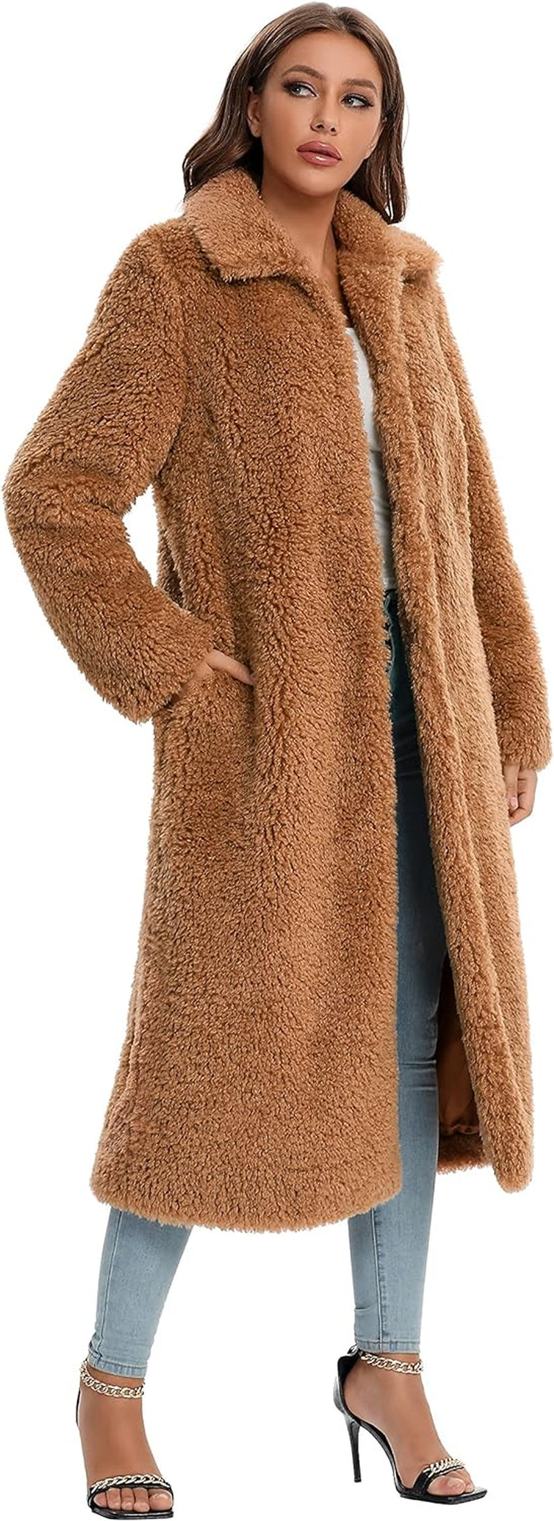Women's Faux Fur Winter Coat - Open Front Long Cardigan Style, Warm and Fuzzy Fleece Jacket with Pockets. Perfect for Cold Weather, Stylish and Cozy Overcoat for Casual or Dressy Looks. Available in Sizes S-XXL for a Comfortable, Fashionable Fit