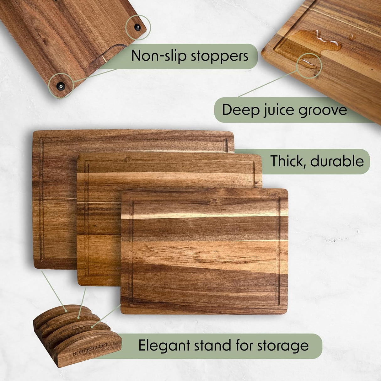 Acacia Wood Cutting Board Set of 3 – Non-Toxic, Non-Slip with Holder, Juice Grooves & Handles Ideal for Meat, Veggies & Charcuterie