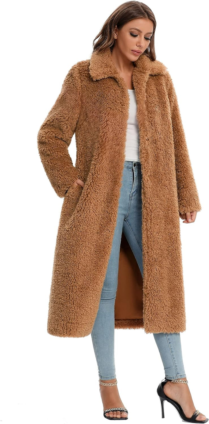 Women's Faux Fur Winter Coat - Open Front Long Cardigan Style, Warm and Fuzzy Fleece Jacket with Pockets. Perfect for Cold Weather, Stylish and Cozy Overcoat for Casual or Dressy Looks. Available in Sizes S-XXL for a Comfortable, Fashionable Fit