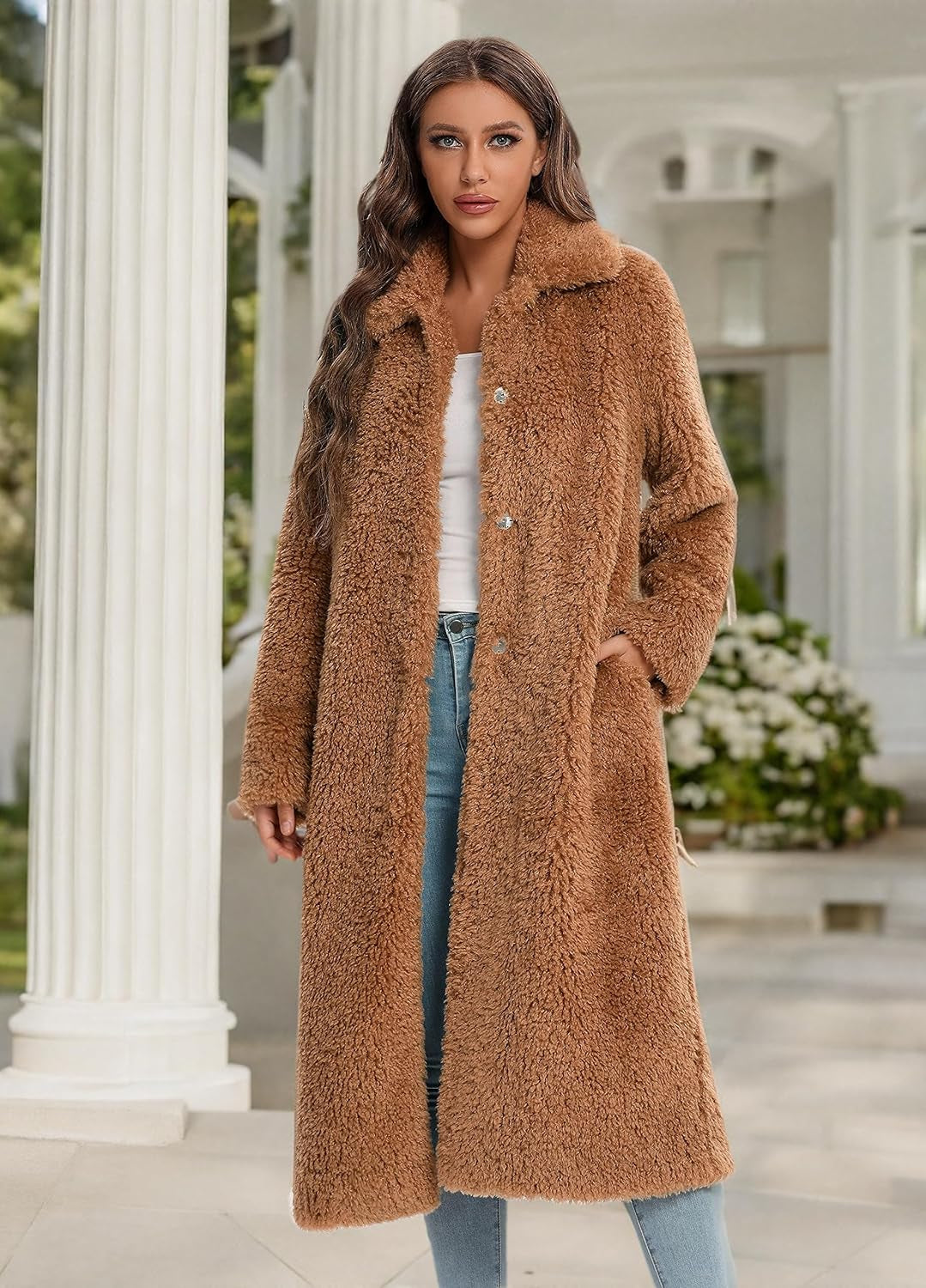 Women's Faux Fur Winter Coat - Open Front Long Cardigan Style, Warm and Fuzzy Fleece Jacket with Pockets. Perfect for Cold Weather, Stylish and Cozy Overcoat for Casual or Dressy Looks. Available in Sizes S-XXL for a Comfortable, Fashionable Fit