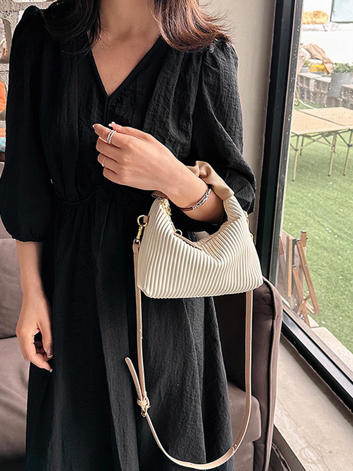 New Style Fashionable Simple All-Match Trendy Pleated Weaving Pu Color Block Handbag Shoulder Bag Crossbody Bag