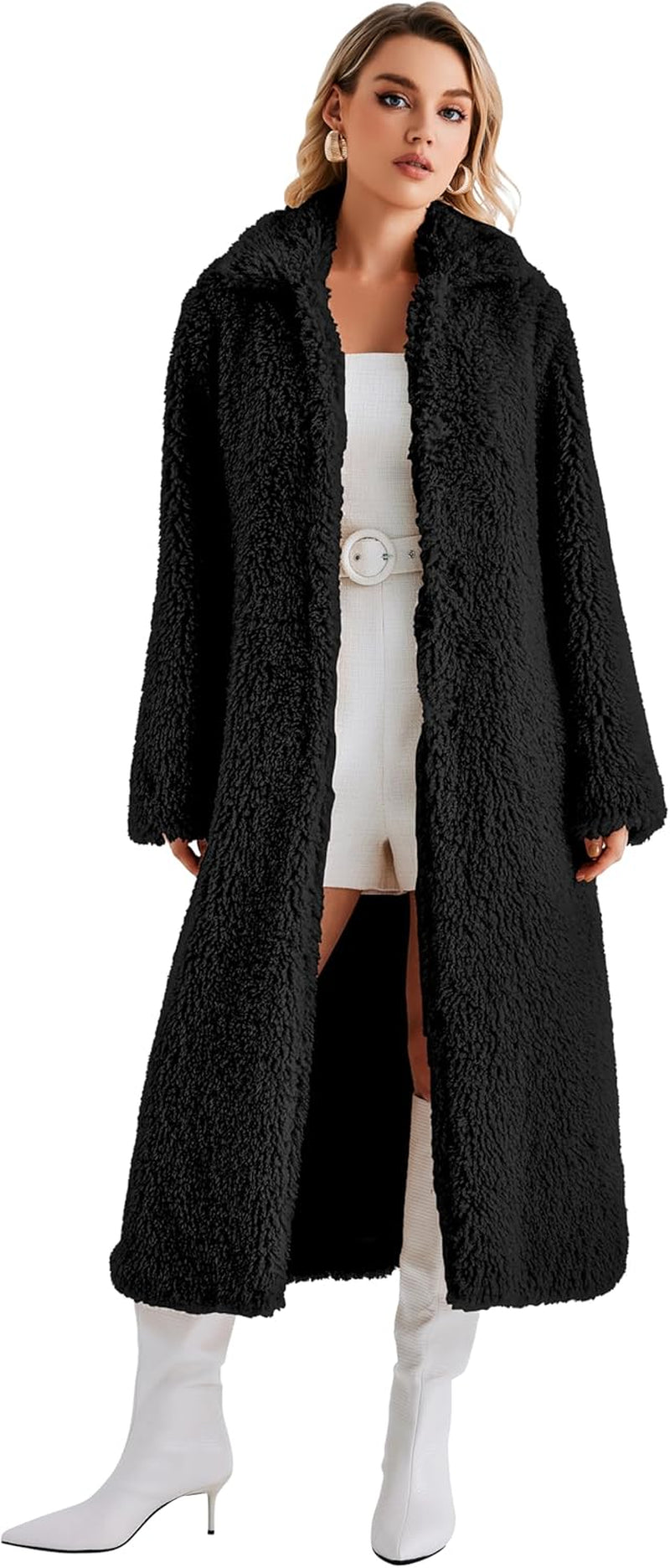 Women's Faux Fur Winter Coat - Open Front Long Cardigan Style, Warm and Fuzzy Fleece Jacket with Pockets. Perfect for Cold Weather, Stylish and Cozy Overcoat for Casual or Dressy Looks. Available in Sizes S-XXL for a Comfortable, Fashionable Fit