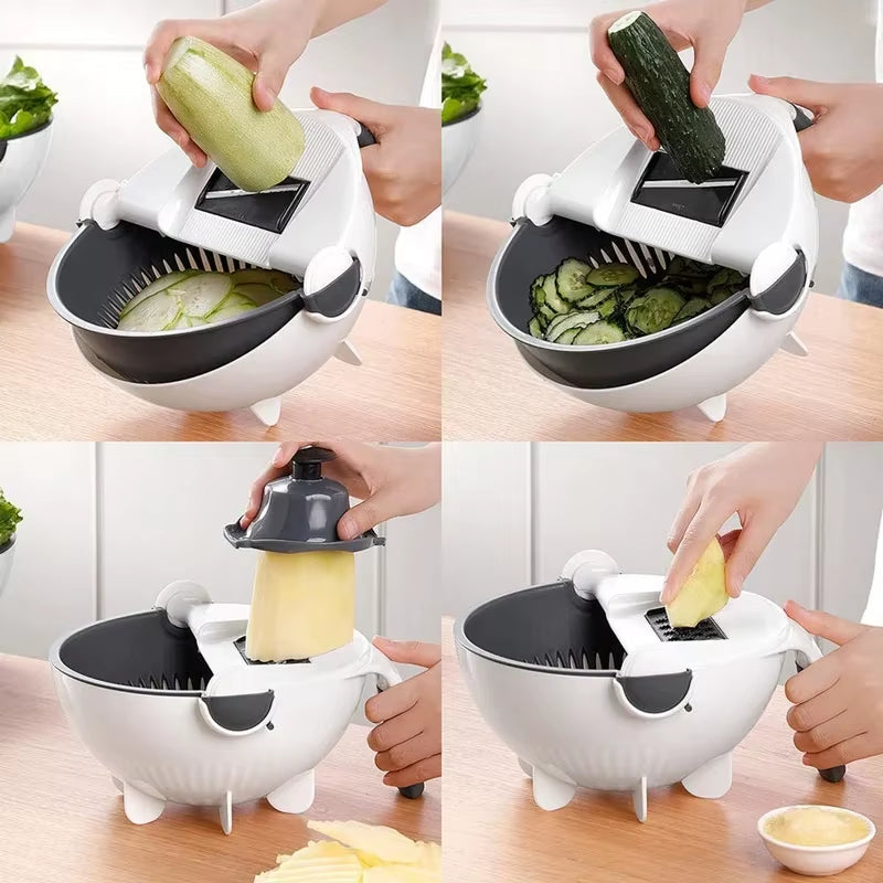 9 in 1 Multifunction Vegetable Cutter with Drain Basket Magic Rotate Colander New Vegetable Portable Slicer Chopper Grater