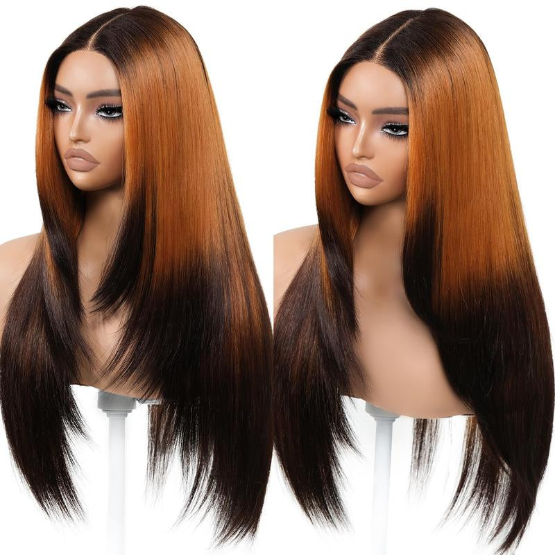 Brownbomb Wear and Go Layered Straight Synthetic Wig Glueless Pre Cut Lace Pre Plucked 26 Inch and Face Framing Bangs T Lace Perfect Middle Part Heat Resistant Fiber Realistic Wig for Daily Wear Parties Dating