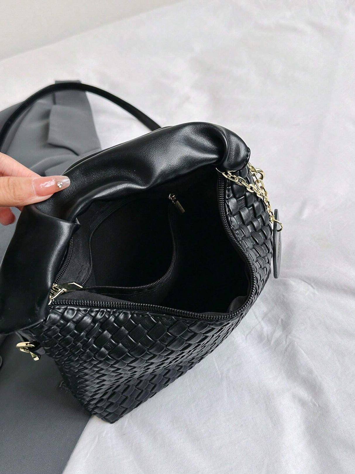 New Style Fashionable Simple All-Match Trendy Pleated Weaving Pu Color Block Handbag Shoulder Bag Crossbody Bag