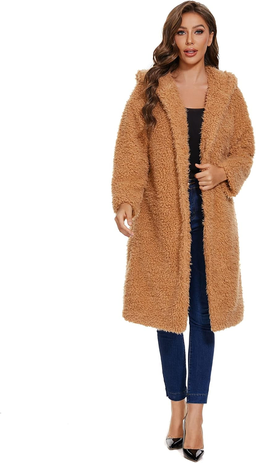 Women's Faux Fur Winter Coat - Open Front Long Cardigan Style, Warm and Fuzzy Fleece Jacket with Pockets. Perfect for Cold Weather, Stylish and Cozy Overcoat for Casual or Dressy Looks. Available in Sizes S-XXL for a Comfortable, Fashionable Fit