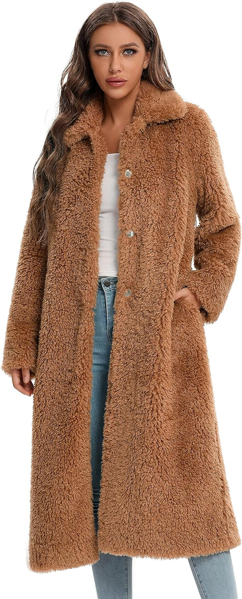 Women's Faux Fur Winter Coat - Open Front Long Cardigan Style, Warm and Fuzzy Fleece Jacket with Pockets. Perfect for Cold Weather, Stylish and Cozy Overcoat for Casual or Dressy Looks. Available in Sizes S-XXL for a Comfortable, Fashionable Fit