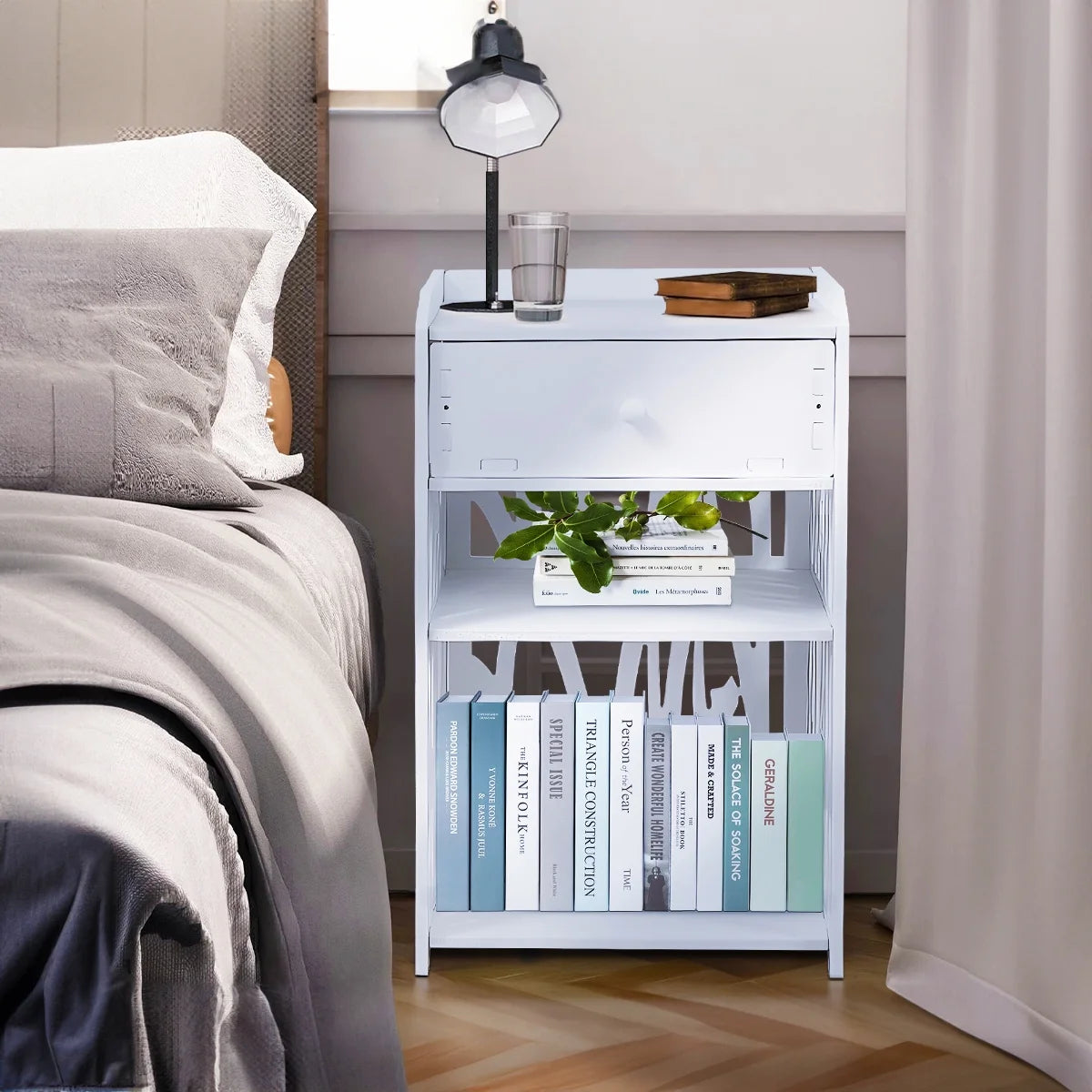 Modern White Nightstand with Drawer, 11.8”L X 11.8”W X 20”H, Multipurpose Storage