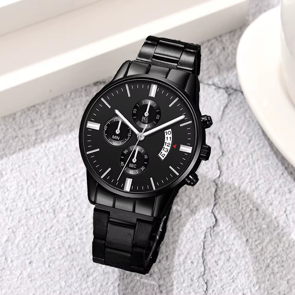 3 Pcs/Set of Fashionable Men Sports Watches Men'S Business Quartz Watches Luxurious Black Leather Bracelets Men'S Casual Watches