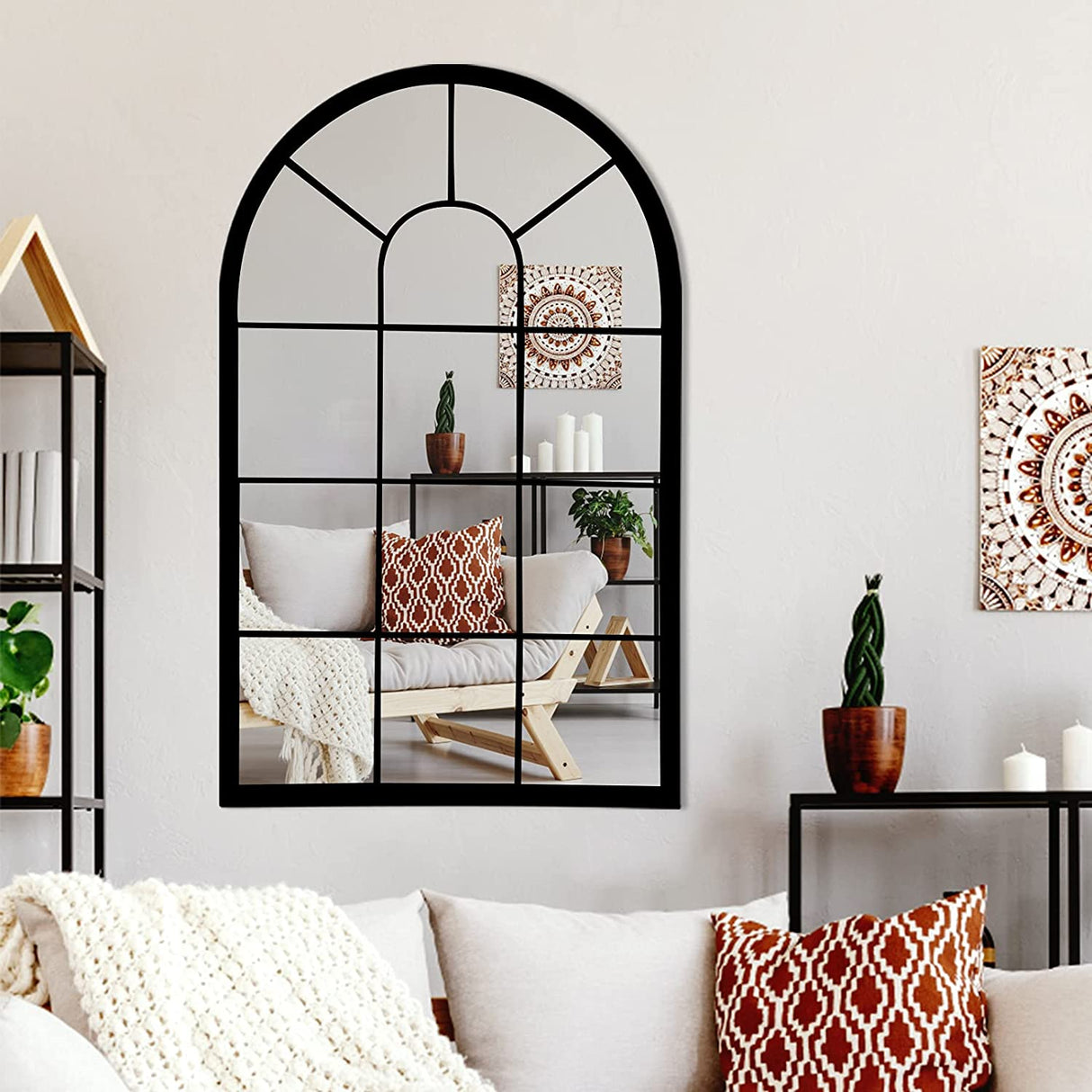 Wall Mirror Window Decorative Mirrors Arched Farmhouse for Living Room Bedroom Entryway Bathroom Vanity (Black,41.3”X 24” X1”)
