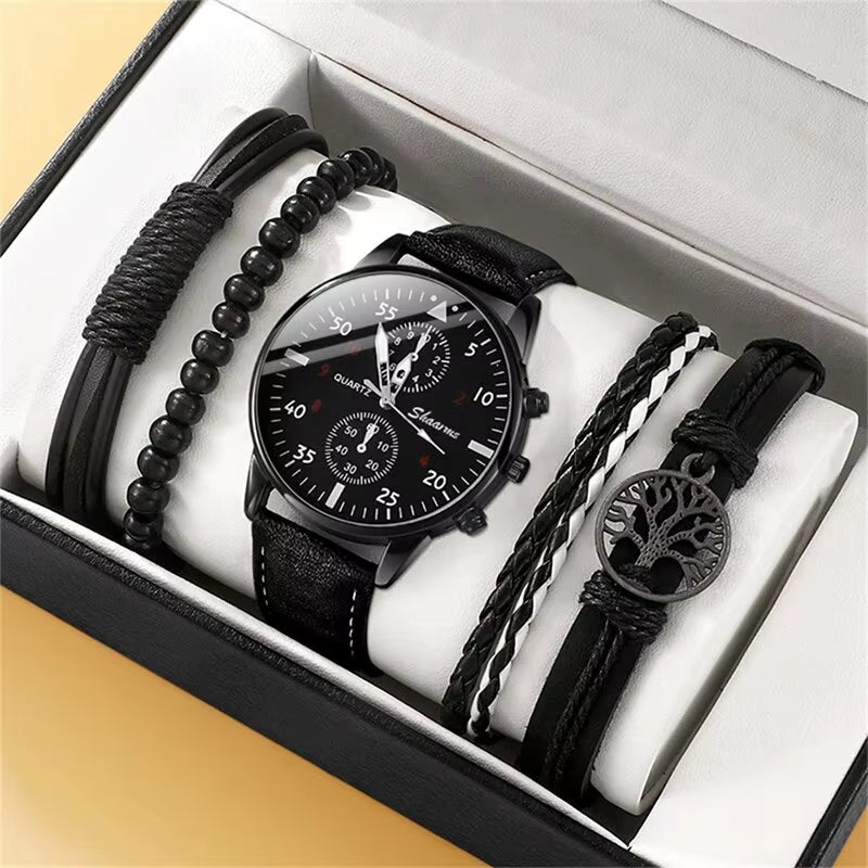 5PCS Set Fashion Men's Sports Watches Man Business Quartz Wristwatch Luxury Leather Bracelet Men Casual Clock Watch