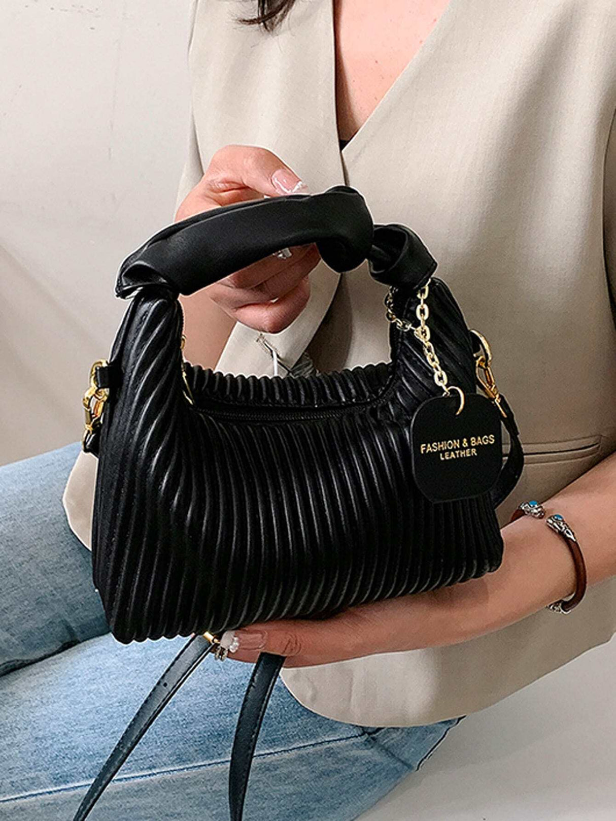 New Style Fashionable Simple All-Match Trendy Pleated Weaving Pu Color Block Handbag Shoulder Bag Crossbody Bag
