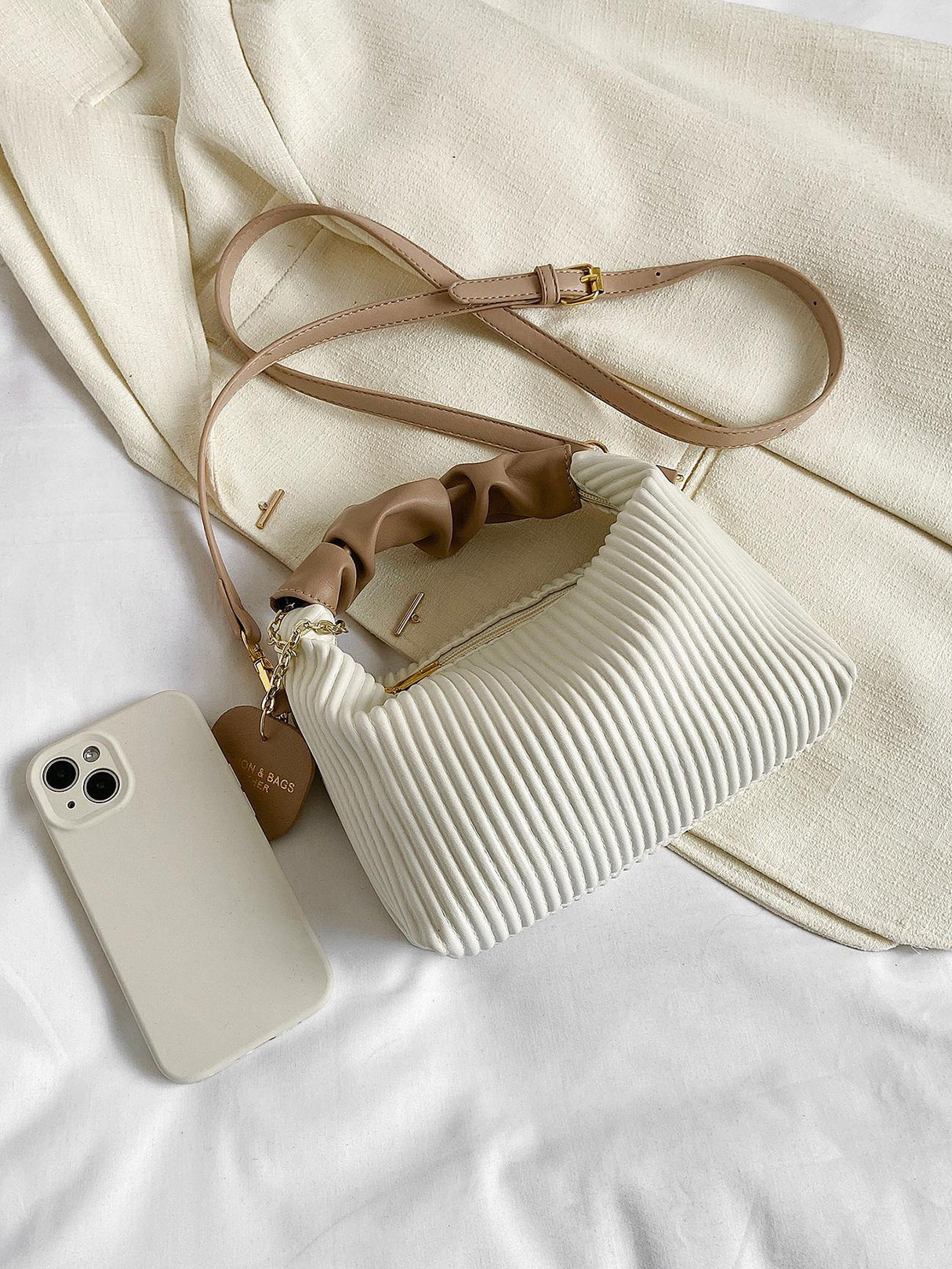 New Style Fashionable Simple All-Match Trendy Pleated Weaving Pu Color Block Handbag Shoulder Bag Crossbody Bag