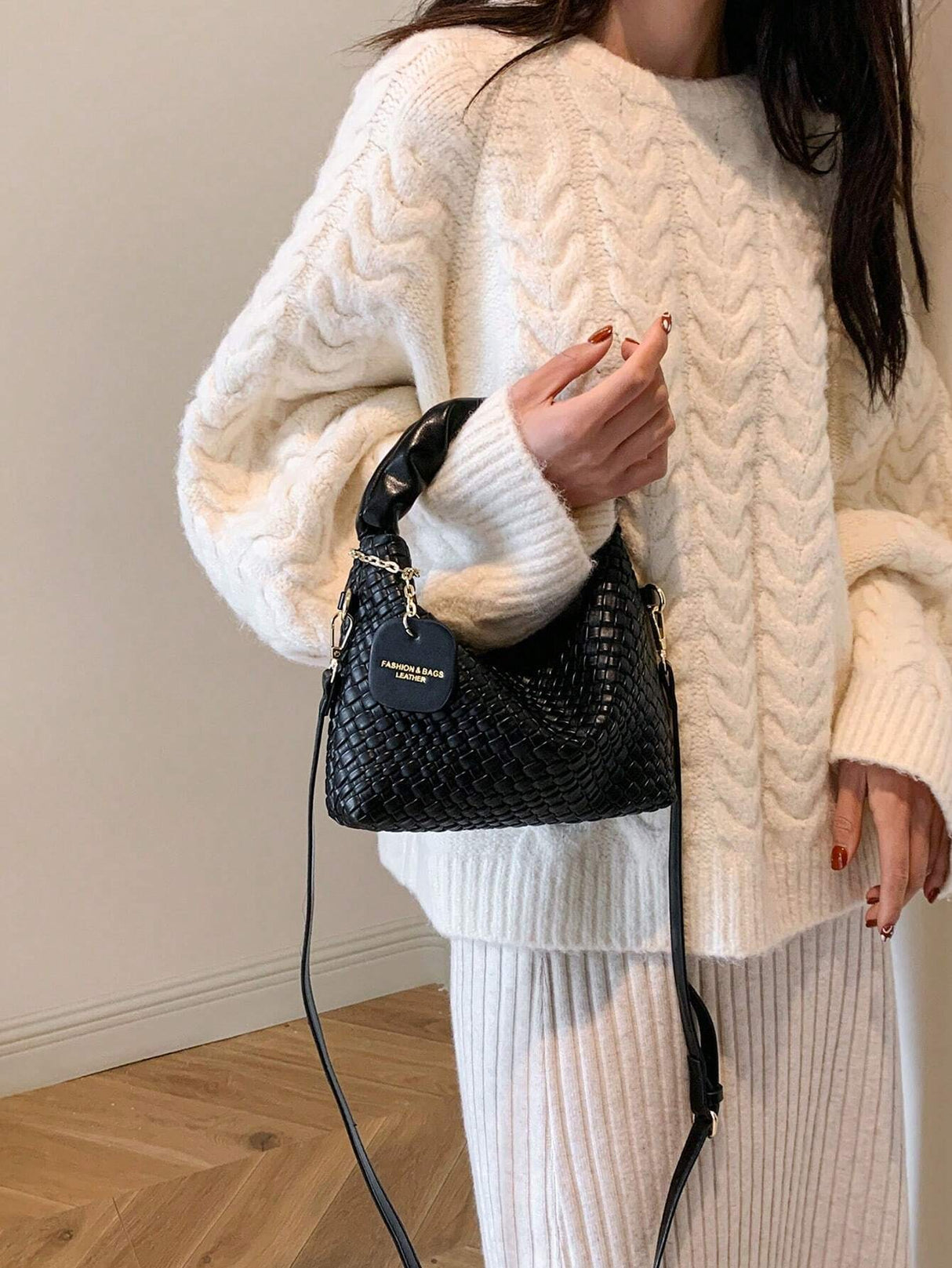 New Style Fashionable Simple All-Match Trendy Pleated Weaving Pu Color Block Handbag Shoulder Bag Crossbody Bag