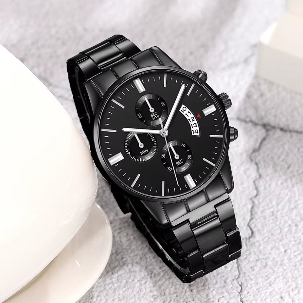 3 Pcs/Set of Fashionable Men Sports Watches Men'S Business Quartz Watches Luxurious Black Leather Bracelets Men'S Casual Watches