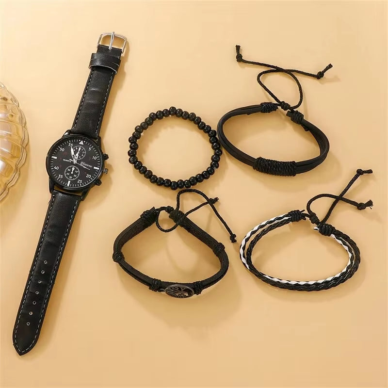 5PCS Set Fashion Men's Sports Watches Man Business Quartz Wristwatch Luxury Leather Bracelet Men Casual Clock Watch