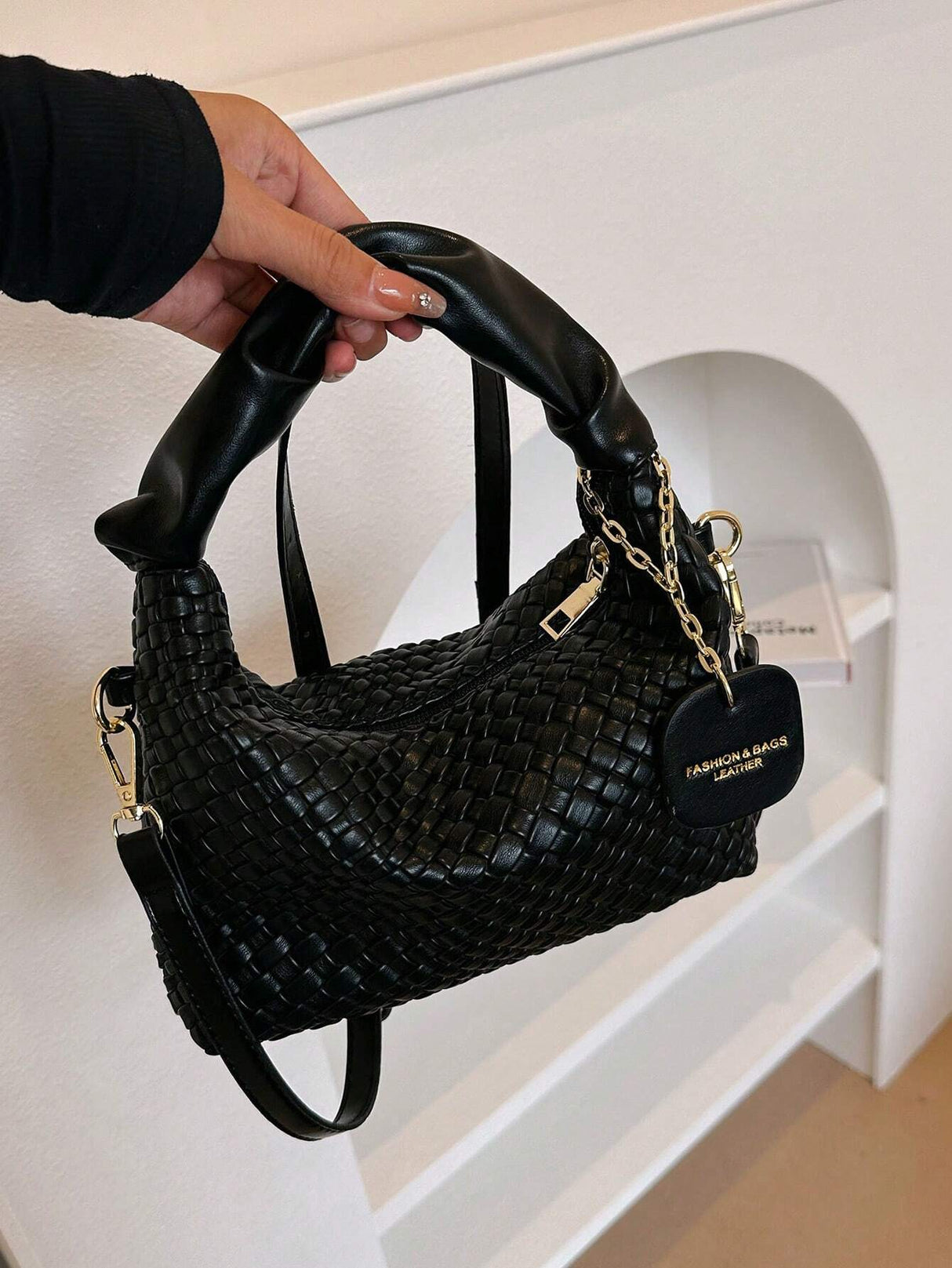 New Style Fashionable Simple All-Match Trendy Pleated Weaving Pu Color Block Handbag Shoulder Bag Crossbody Bag