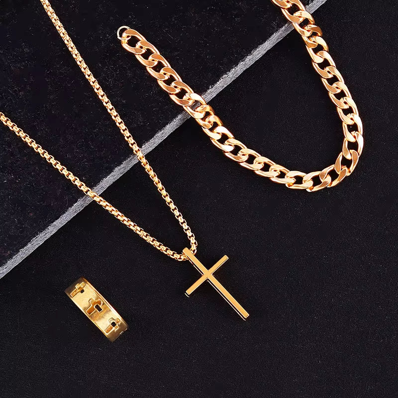 Black Titanium Steel Cross Pendant Necklace for Men Women Minimalist Male Female Chokers Box Chain Necklace Party Jewelry Set