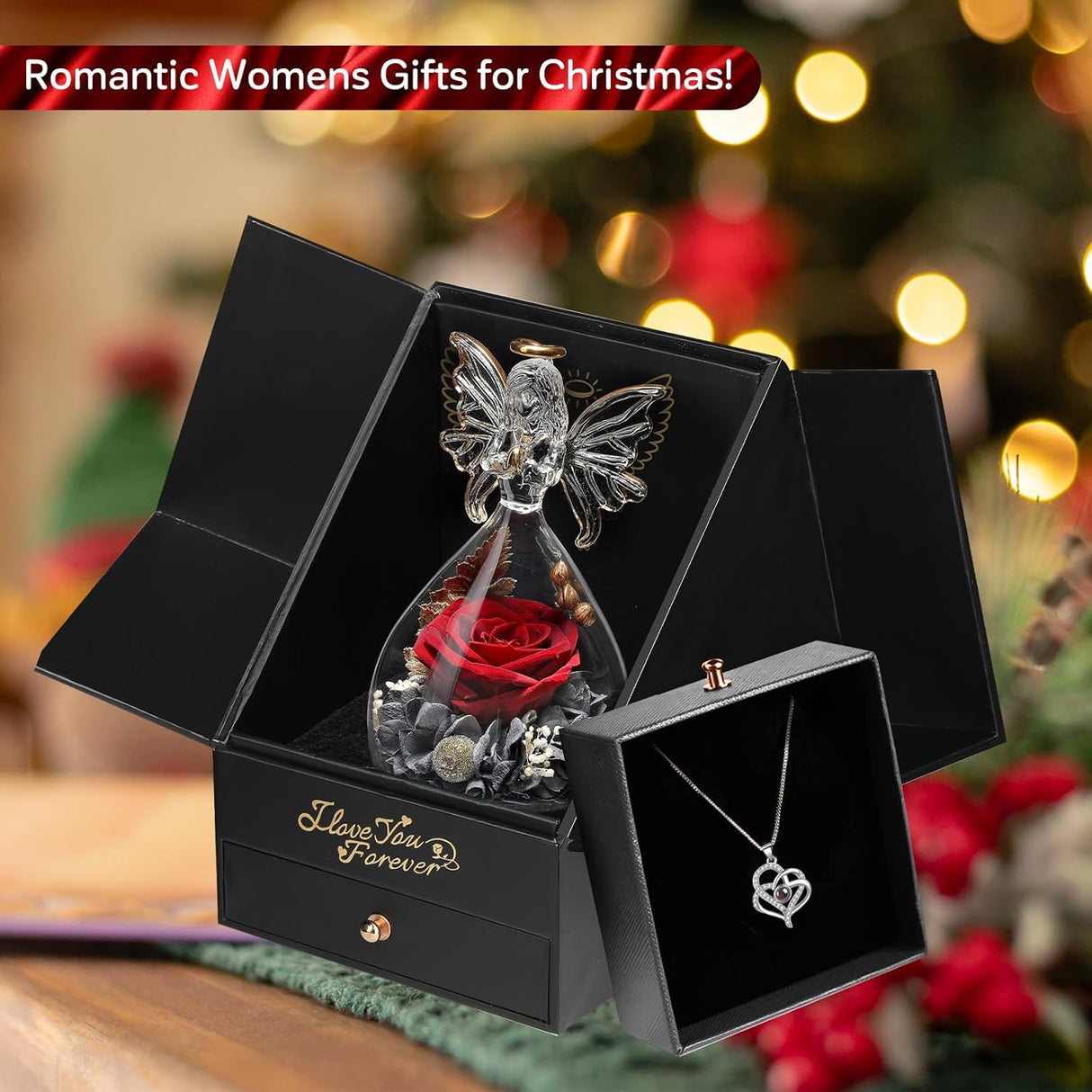 Valentines Day Gifts for Her-Preserved Flower Real Rose with I Love You Necklace 100 Languages-Glass Angel Valentines Decor-Birthday Gifts for Women-Romantic Gifts for Wife Girlfriend Mom Daughter