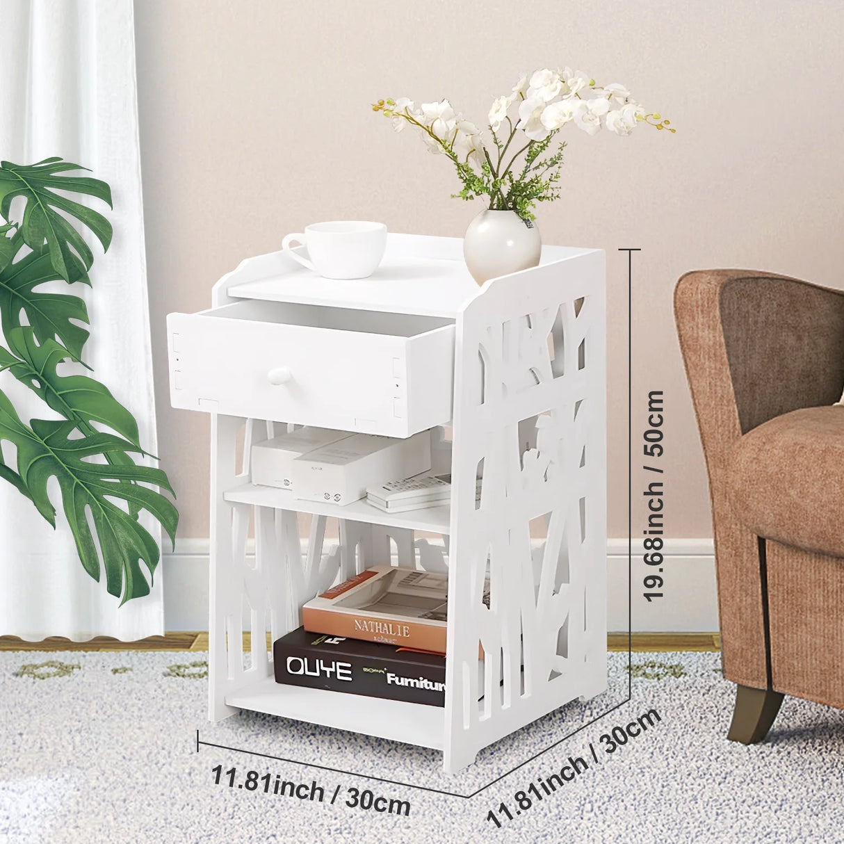 Modern White Nightstand with Drawer, 11.8”L X 11.8”W X 20”H, Multipurpose Storage
