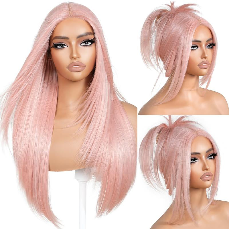 Brownbomb Wear and Go Layered Straight Synthetic Wig Glueless Pre Cut Lace Pre Plucked 26 Inch and Face Framing Bangs T Lace Perfect Middle Part Heat Resistant Fiber Realistic Wig for Daily Wear Parties Dating
