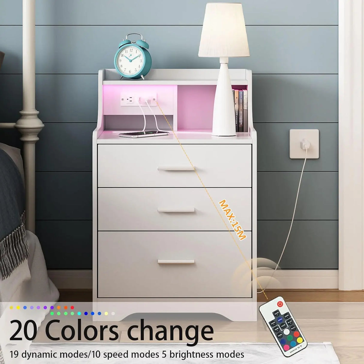 Nightstand with Charging Station & Led Lights White Bedside Table with Drawers & Open Storage Shelf Night Stand for Bedroom