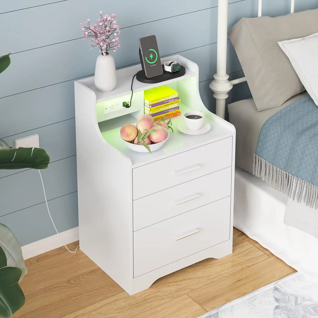 Nightstand with Charging Station & Led Lights White Bedside Table with Drawers & Open Storage Shelf Night Stand for Bedroom